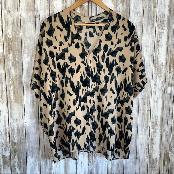 JODIFL Tops - Jodifl Tan Animal Print Oversized V Neck Blouse